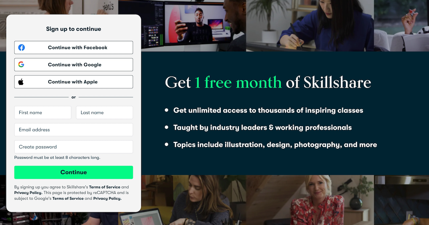 Skillshare Sign Up 1 month free trial