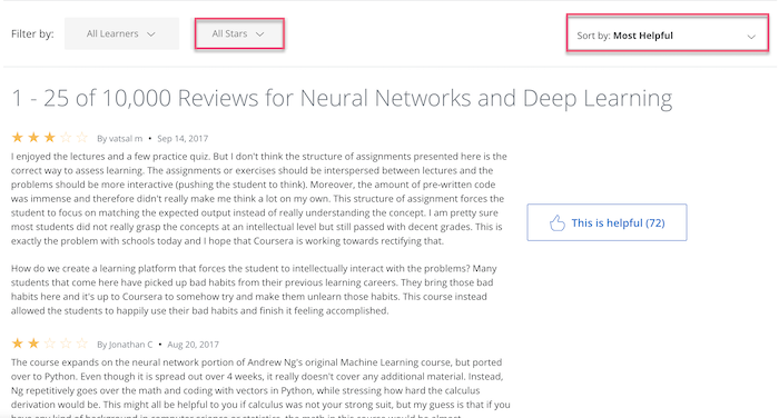 Coursera reviews filter