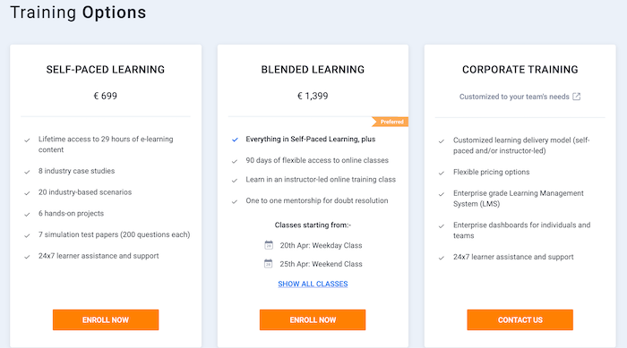 Simplilearn training options