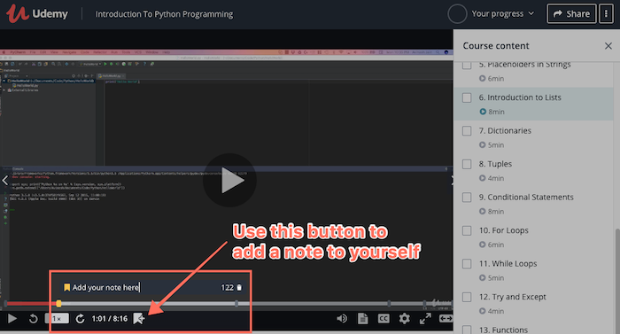 Udemy adding a note to a lesson