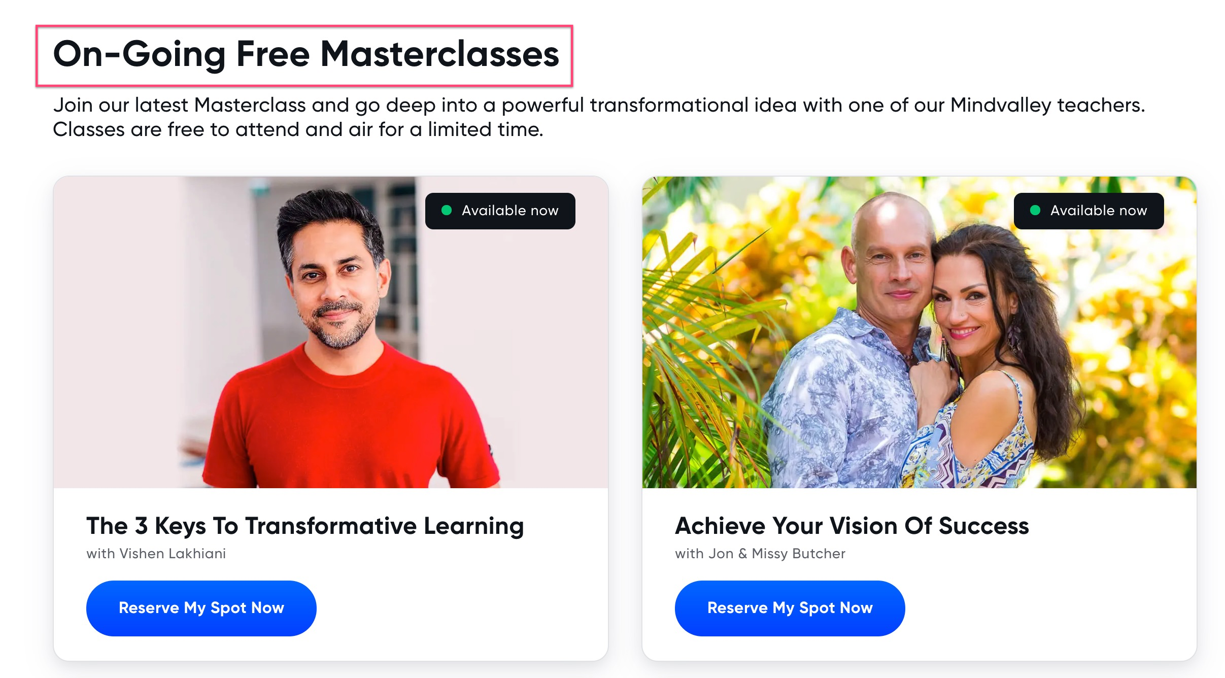 On-Going Free Mindvalley Masterclasses