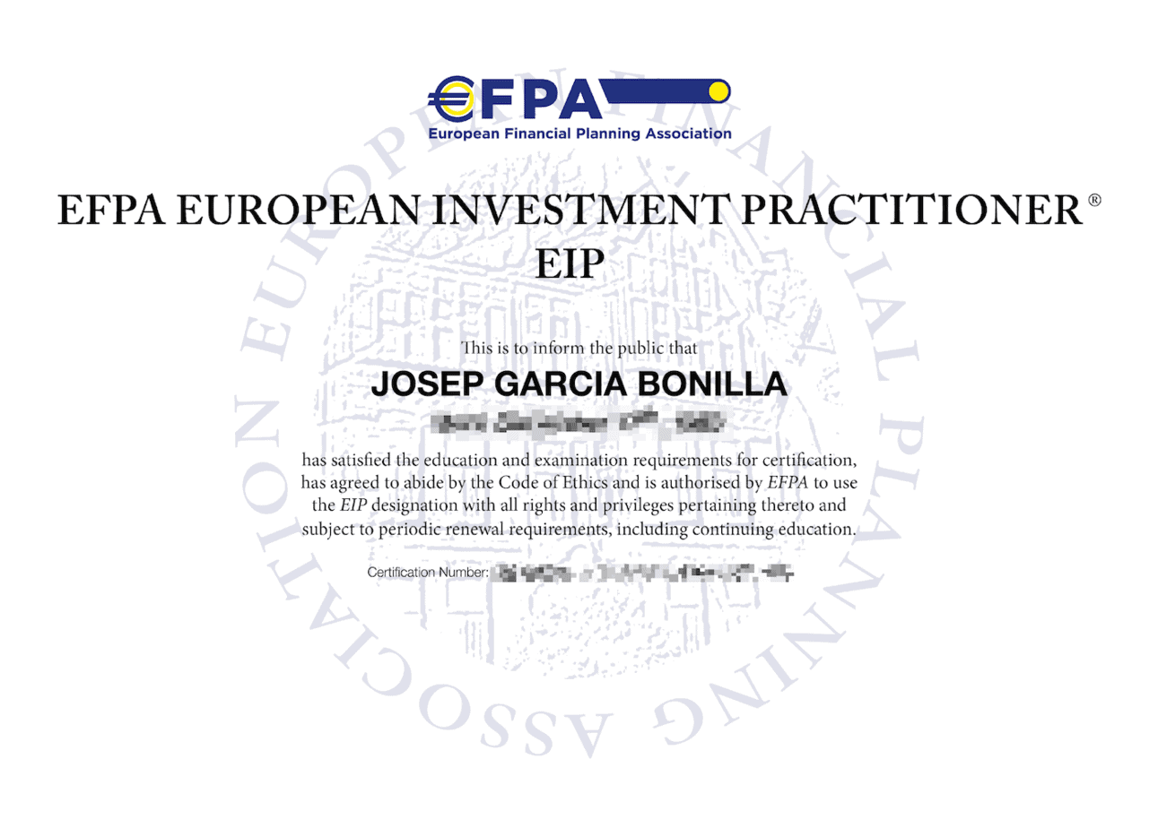 Josep Garcia Financial Advisor Certificate by EFPA